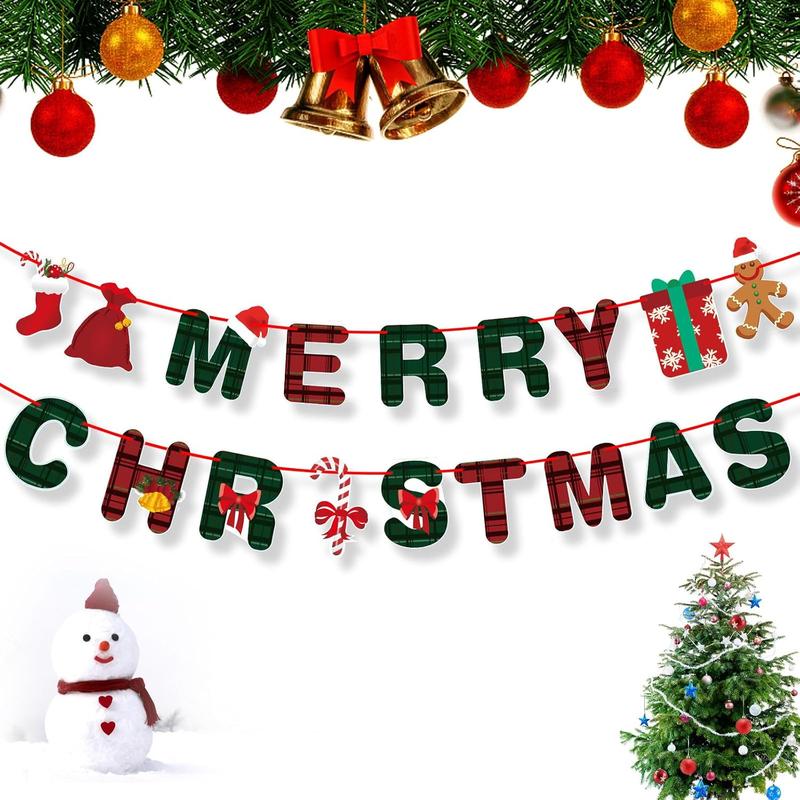 Merry Christmas Banner- Xmas Banners Bunting with Gingerbread Socks Signs, Red Green Paper Hanging Banner Felt Garland for Christmas Outdoor Indoor Home Mantle Fireplace Decor and Party Decorations