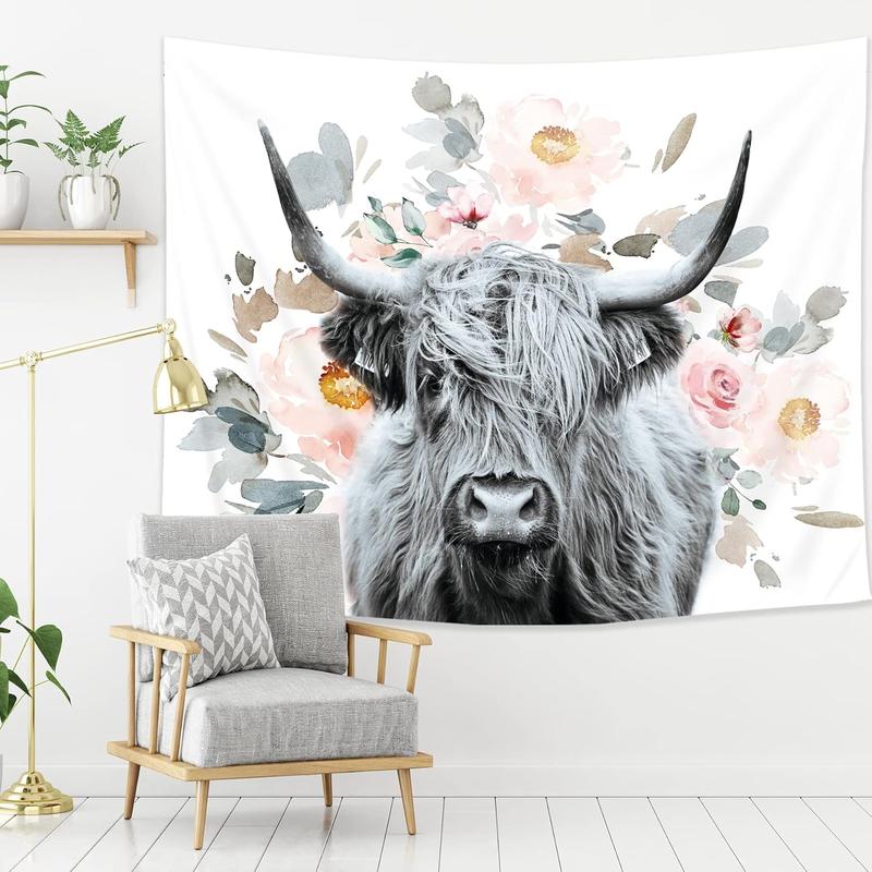 AMBZEK Highland Cow Tapestry 51Hx59W Inch Farmhouse Eucalyptus Leaves Bull Western Farm Country Rustic Cattle Animal Wildlife Plant Botanical Funny Wall Hanging Bedroom Living Room Dorm Decor Fabric Cloth Table