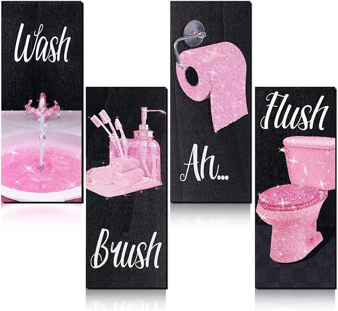 4 Pcs Women Funny Wall Art Bathroom Decor 9.84 x 3.94 x 0.2 Inch Glam Bathroom Wall Decor Modern Women Funny Bathroom Wood Hanging Decors for Home Bathroom(Sweet,Pink)