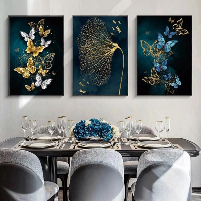 Butterfly & Leaf Pattern Canvas Painting without Frame (3pcs), Modern Style Canvas Wall Art, Wall Art Decor for Home Living Room & Bedroom