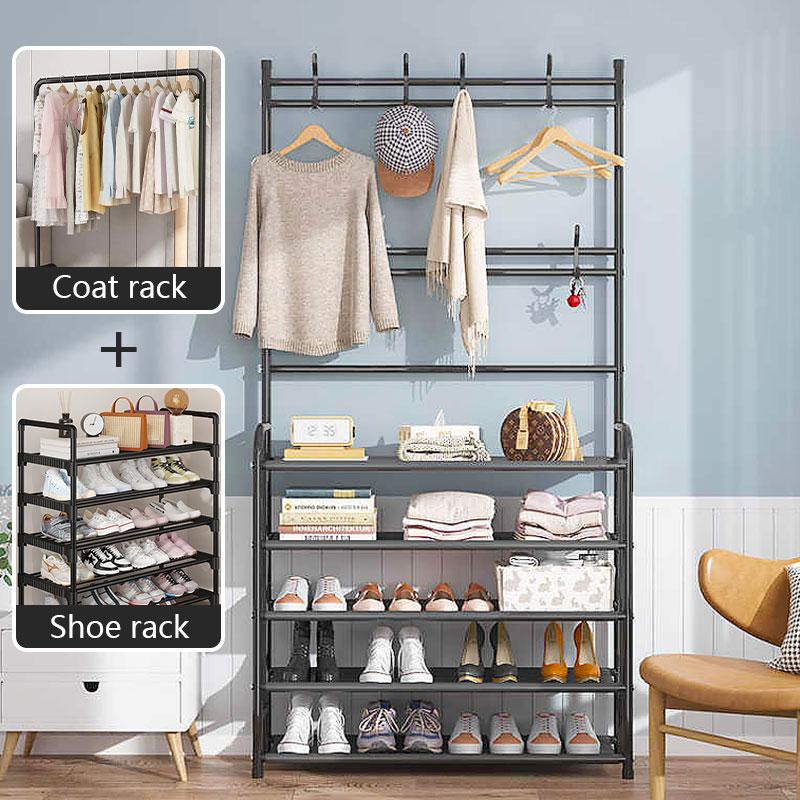 Entryway Freestanding Coat Rack,3-in-1 Hall Tree Multifunctional Storage Shelf with 5Tier Shoe Bench and 8 Hooks,Easy Assembly,for Entrance Foyer Bedroom Barthroom(Black),Christmas Gifts Boxes Hanger