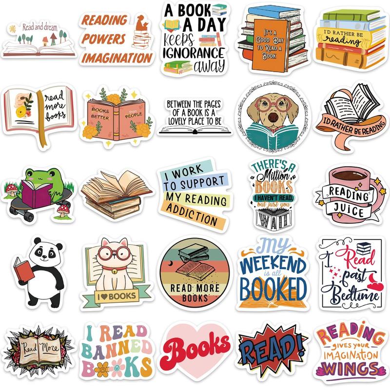 Reading Themed Sticker, 50pcs set Cartoon Book Pattern Sticker, Room Decor, Decorative Sticker for Phone Case, Computer, Guitar, Bag, Water Cup, Scrapbook, Trending Home Decor 2024