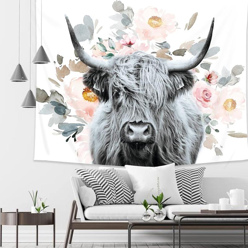 AMBZEK Highland Cow Tapestry 51Hx59W Inch Farmhouse Eucalyptus Leaves Bull Western Farm Country Rustic Cattle Animal Wildlife Plant Botanical Funny Wall Hanging Bedroom Living Room Dorm Decor Fabric Cloth Table