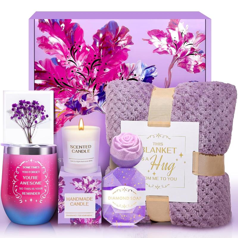 Birthday Gifts for Women, Self Care Gifts, Get Well Soon Gifts, Purple Relaxing Spa Care Package with Luxury Flannel Blanket, Unique Christmas Gifts for Women, Mom, Her, Sister, Wife, Girlfriend