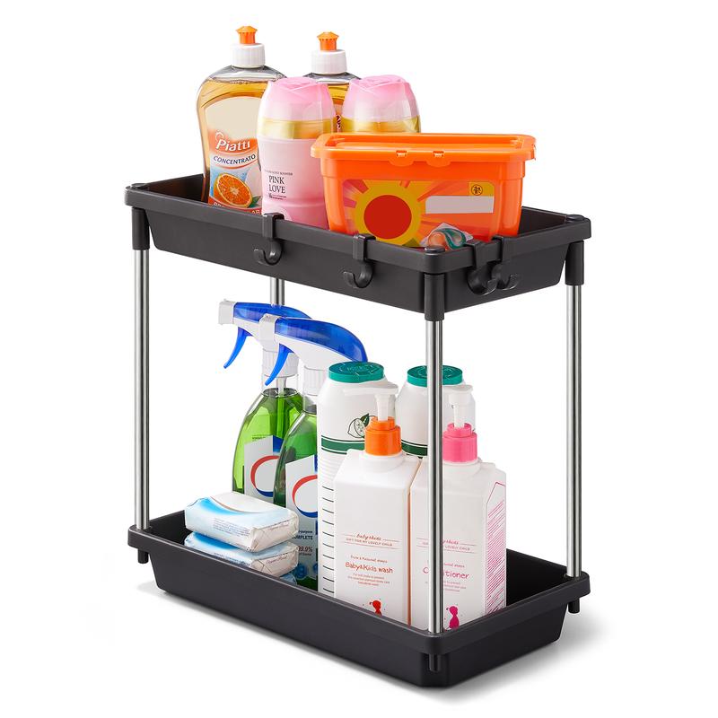 Lifewit Under Sink Organizer, 2 Tier Shelf Rack with 4 Hooks for Bathroom Cabinet Kitchen Countertop Office Holder Storage, Multi-purpose Baskets Holder for Space Saving, Easy Assembly