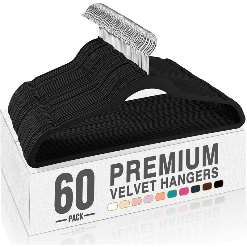 Black Velvet Hangers 60 Pack, Premium Clothes Non-Slip Felt Hangers , Sturdy Heavy Duty Coat Durable Suit for Space Saving , No Hanger Marks 360 Rotating