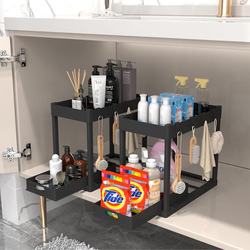 Limited Time Deal: 2PC Under Sink Organizer Rack! 2-tier sliding cabinet baskets with 4 hooks. Multi-purpose storage for bathroom, kitchen.