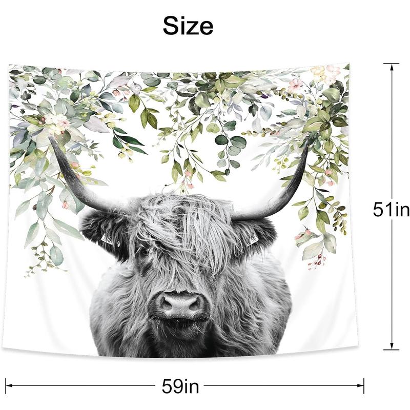 AMBZEK Highland Cow Tapestry 51Hx59W Inch Farmhouse Eucalyptus Leaves Bull Western Farm Country Rustic Cattle Animal Wildlife Plant Botanical Funny Wall Hanging Bedroom Living Room Dorm Decor Fabric Cloth Table