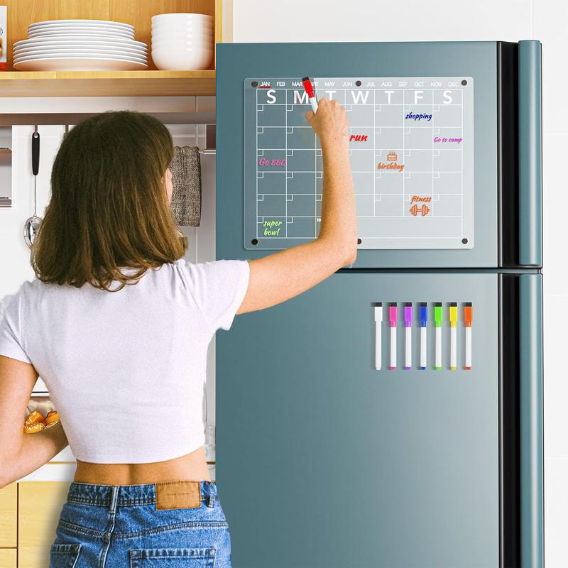 Acrylic Magnetic Dry Erase Board Calendar for Fridge, Clear Monthly Planner Whiteboard for Refrigerator, w  8 Colors Dry Erase Markers, 15