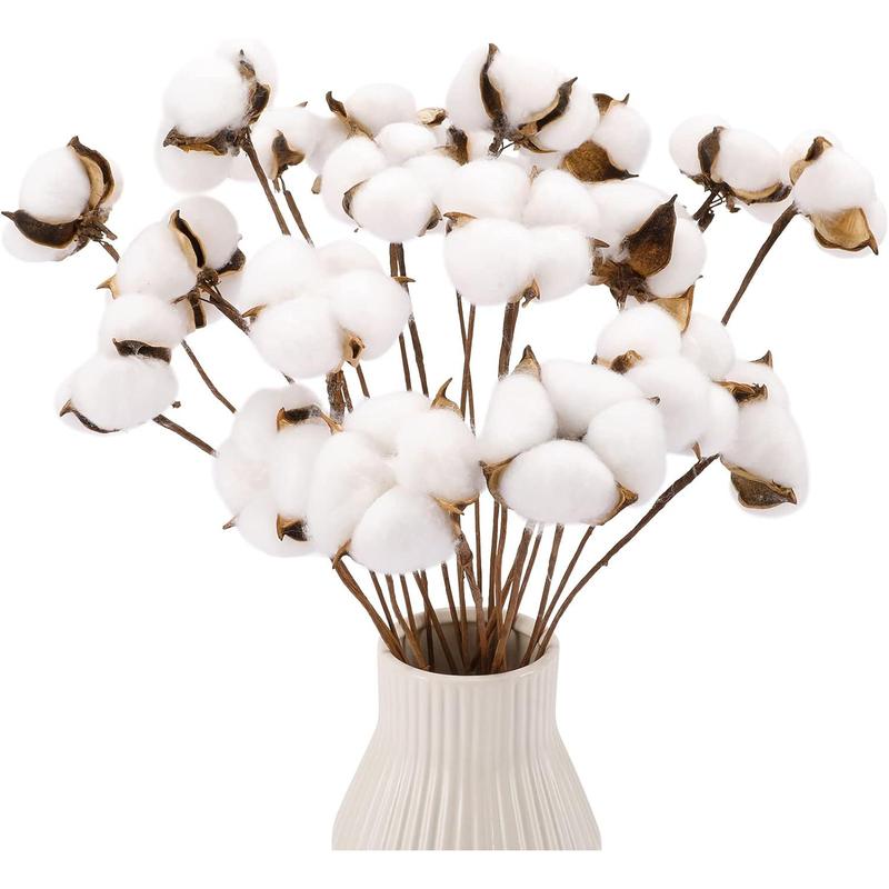 20pcs Cotton Stems, Fake Cotton Flowers Dried Cotton Picks Stalks Plants, Artificial Cotton Floral Stems Faux Farmhouse Decorations for Vase Home Decor