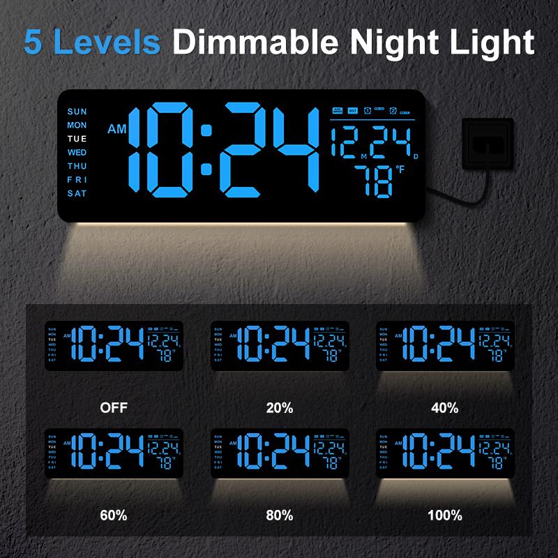 CLOCCERS Large Screen Digital Wall Clock With Temperature Date Week Display Auto DST, Desk Countdown Digital Timer, 5-level Brightness Adjustment Auto Led Dual Alarm Clock with Remote Control for Living Room, Bedroom, Desk Decor, Mounted, Gift for Elderly