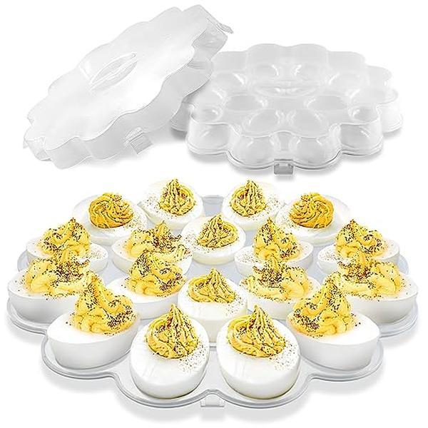 Deviled Egg Containers with Lid - 12-inch Round Serving Plate with 15 Egg Slots - Disposable Plastic Egg Holder, Platter for Fruits, Veggie, Finger Food - Stackable, Easy Storage