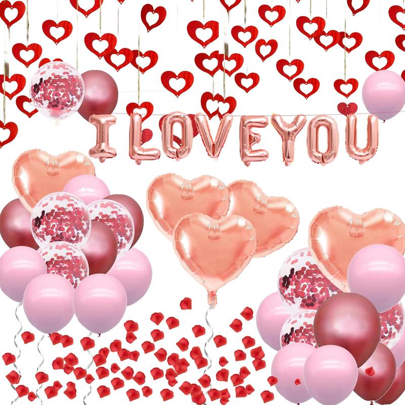 Romantic Valentine's Day Balloons Decorations Set - Heart Shaped and 'I LOVE YOU' Foil Balloons, Pink & Rose  & Confetti Latex Balloons, Pendants, and Rose Petals for Wedding Propose Party Favors