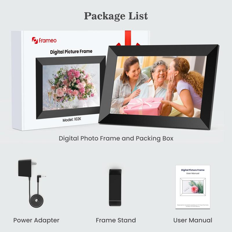 Black Friday Cyber ​​Monday Frameo WiFi Digital Photo Frame, Real-time Video Photo Sharing, 10.1-inch HD IPS Smart Touch Screen Photo Frame, Expandable Micro SD Card, Support 32GB Memory and Cloud Album, Automatic Rotation or Wall Hanging, Christmas Gift