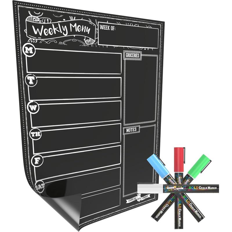 Magnetic Dry Erase Menu Board for Fridge includes 4 Liquid Chalk Markers - Weekly Meal Planner Blackboard, Grocery List and Notepad for Kitchen Refrigerator - Chalkboard Magnet Decor