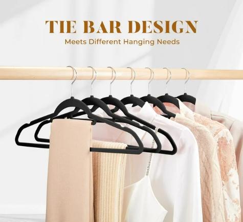 Velvet Hangers with Tie Bar 20 Pack Black, Standard Hangers with 360° Swivel Hook, Space Saving Felt Hangers for Pants, Coat, Suits, Shirt, Scarf, No Hanger Marks