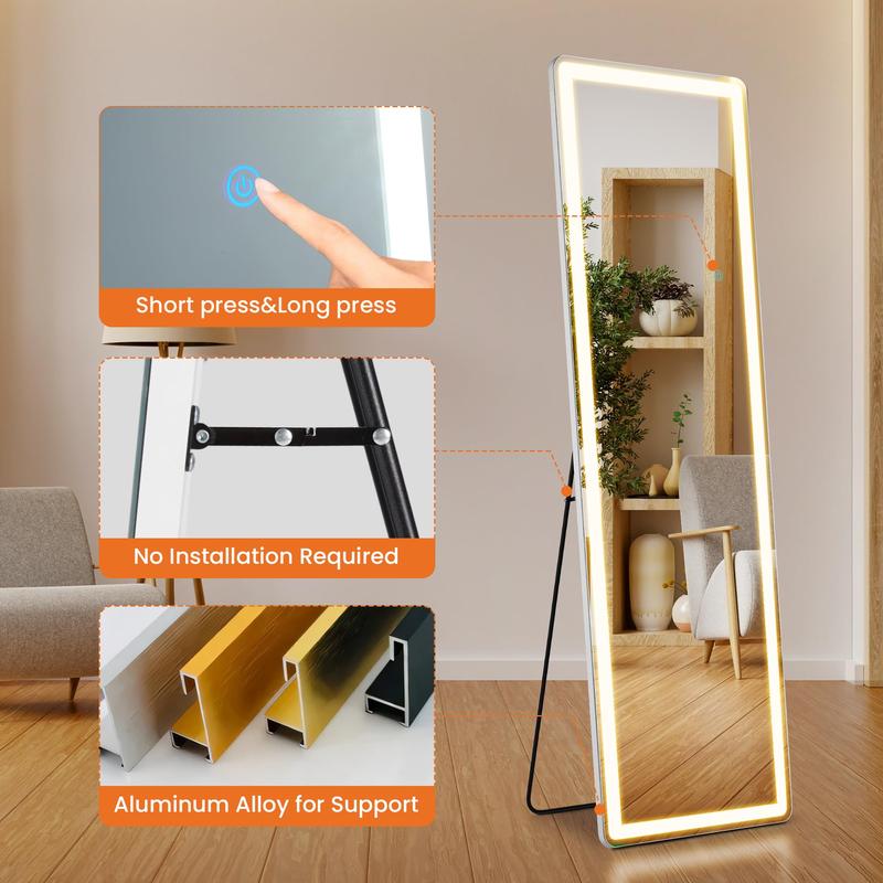 Floor Mirror with LED Light - 64” x 21” full-length mirror featuring a stand, dimming options, and three color lighting. This versatile mirror can be wall-mounted or used freestanding, making it perfect for full-body viewing in the living room, bedroom.