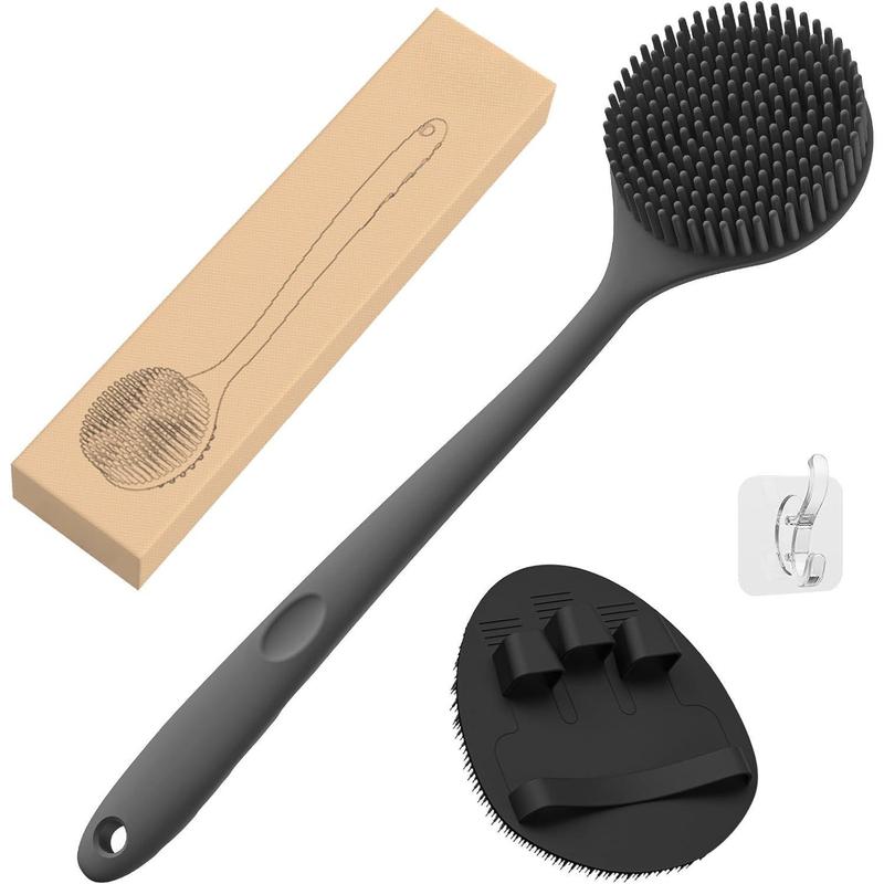 Silicone Back Scrubber(Thick Bristles) & Soft Bath Glove Set, Super-Exfoliating Body Scrubber & Super-Lathering Shower Brush Combination, with a Free Hook.(Black) Accessories