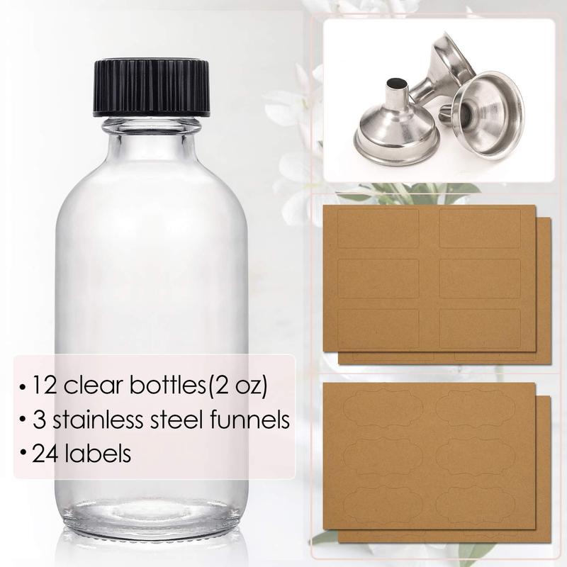 12 Pack, 2 oz Small Clear Glass Bottles w  Lid & 3 Stainless Steel Funnels - 60ml Boston Sample Bottles - Mini Travel Essential or Decorative Bottles for Potion, Juice, Wellness, Ginger Shots, Whiskey