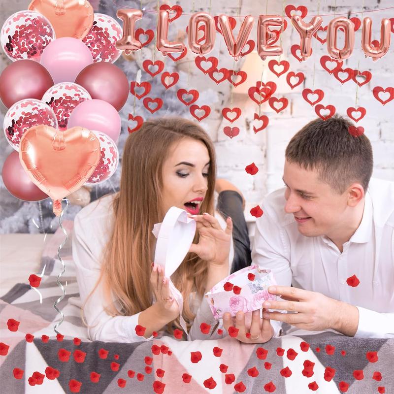 Romantic Valentine's Day Balloons Decorations Set - Heart Shaped and 'I LOVE YOU' Foil Balloons, Pink & Rose  & Confetti Latex Balloons, Pendants, and Rose Petals for Wedding Propose Party Favors