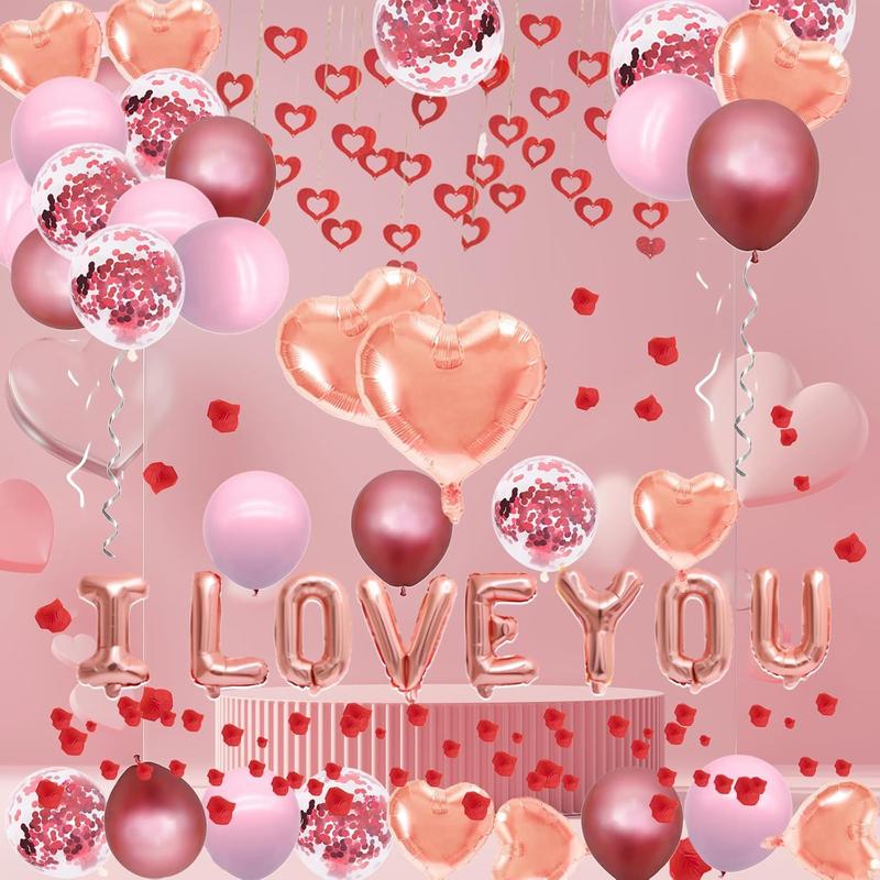 Romantic Valentine's Day Balloons Decorations Set - Heart Shaped and 'I LOVE YOU' Foil Balloons, Pink & Rose  & Confetti Latex Balloons, Pendants, and Rose Petals for Wedding Propose Party Favors