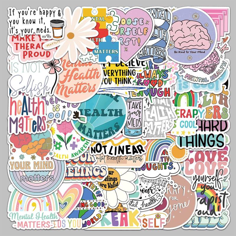 Mental Health Themed Sticker (50pcs), Waterproof Self Adhesive Decorative Sticker, Decor Sticker for Gift Greeting Card Water Bottle Laptop Phone Scrapbooking Journal Making