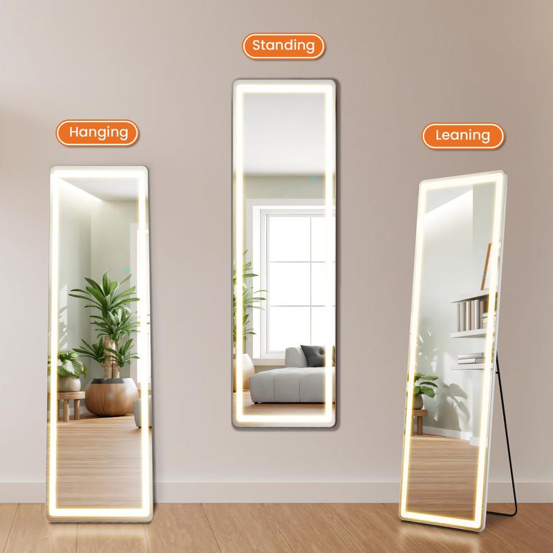 Floor Mirror with LED Light - 64” x 21” full-length mirror featuring a stand, dimming options, and three color lighting. This versatile mirror can be wall-mounted or used freestanding, making it perfect for full-body viewing in the living room, bedroom.