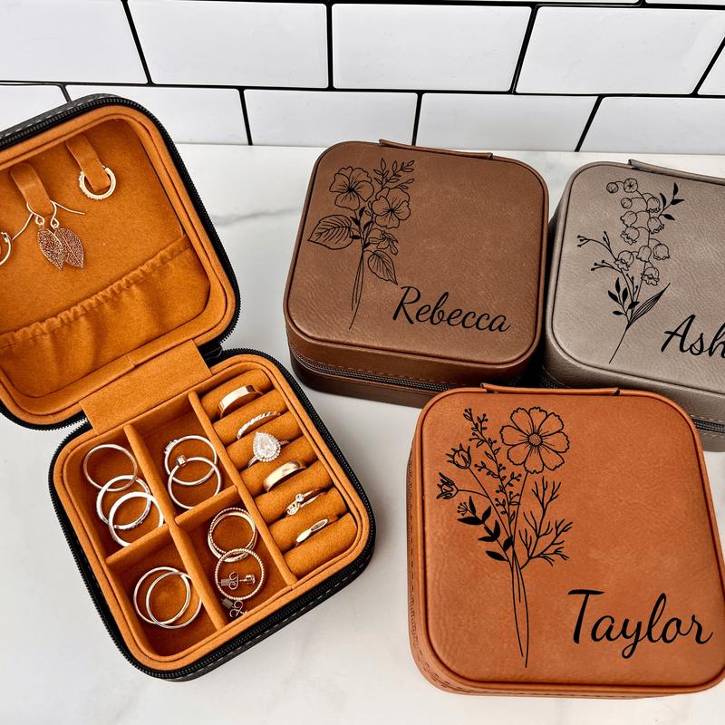 Personalized Birth Flower Jewelry Travel Case, Laser Engraved, Birth Month Flower Gift, Personalized Birthday Gift, Leather Jewelry Travel Case, Custom Jewelry Case | Mother's Day Gift Boxes Organiser Decoration | Valentine's Day Gift Hand Made