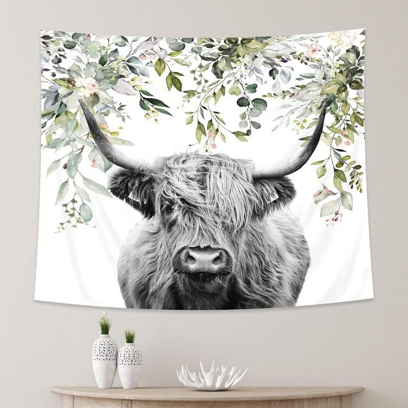 AMBZEK Highland Cow Tapestry 51Hx59W Inch Farmhouse Eucalyptus Leaves Bull Western Farm Country Rustic Cattle Animal Wildlife Plant Botanical Funny Wall Hanging Bedroom Living Room Dorm Decor Fabric Cloth Table