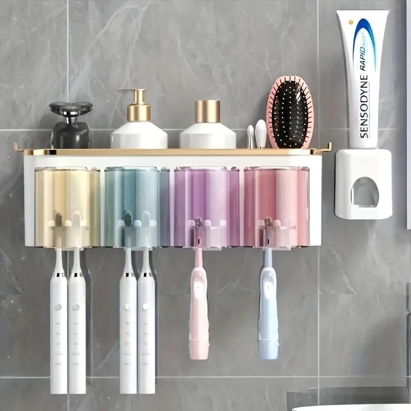 Toothbrush holder with toothpaste dispenser, wall-mounted, with mouthwash cup, space-saving bathroom rack, bathroom accessories