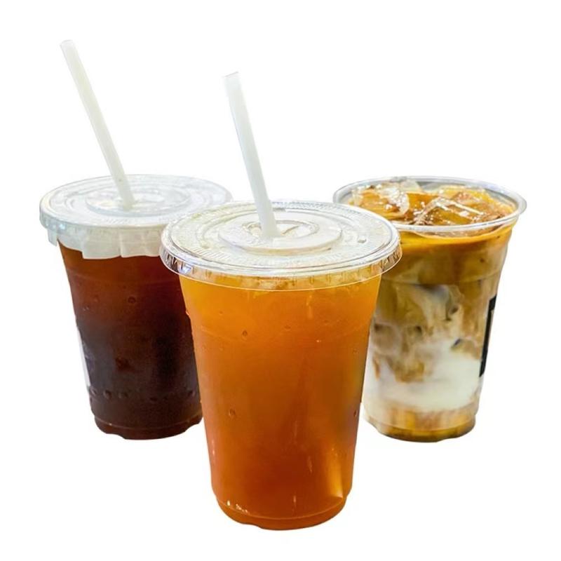 [FREE STRAWS] 100 Sets of Clear Plastic Cups with Flat Lids – Disposable Cups for Cold Drinks, Smoothies, Milkshakes, Iced Coffee, and To-Go Beverages