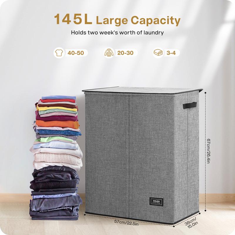 SOLEDI Double Laundry Hamper with Lid and Handle, Laundry Basket 2 Section with Removable bag, Collapsible Dirty Clothes Hampers for Laundry, Bedroom, Dorm, College Organiser