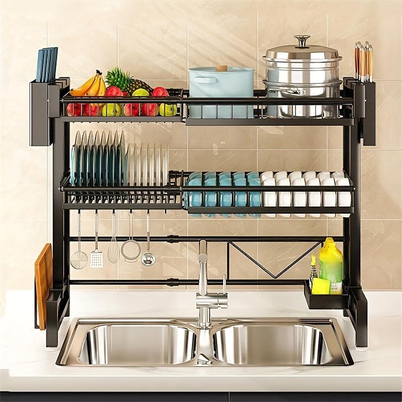 1pc Countertop Dish Storage Drainage Rack Expandable Kitchen Sink Shelf Dish Rack Drainer Black Kitchen Organizer