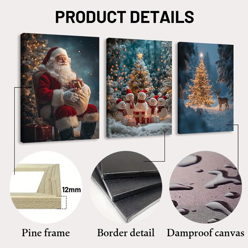 Christmas Wooden Framed Canvas Painting, 3 Counts set Winter Christmas Snow Scene Wall Art, Waterproof Wall Decor  for Home Living Room Bedroom Office