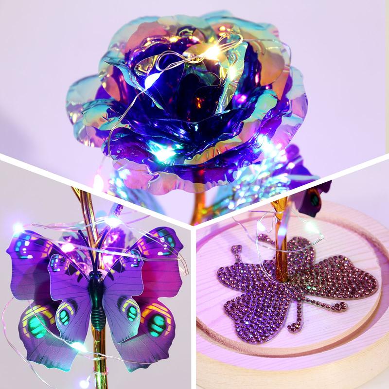 DEEMEI Room Decor Artificial Rose Flower With Glass Cover Dome,Led & Butterfly For Home Party Christmas Valentine's Day Creative Birthday Present Gift