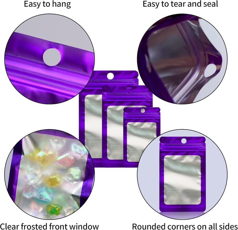 300 Pack 3 Sizes Resealable Mylar Holographic Bags  Storage Smell Proof Bags with Front Window Packaging Pouch for Cookies Sample  Snack (Purple, 3 x 4.7 in,4 x 6 in,4.7 x 7.9 in)