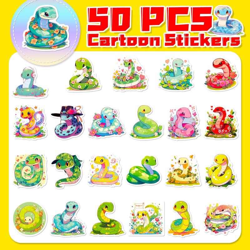 50pcs Cartoon Snake Series Sticker, Waterproof Sticker Pack for Wall Water Bottle Skateboard Helmet Car Bike Luggage Laptop