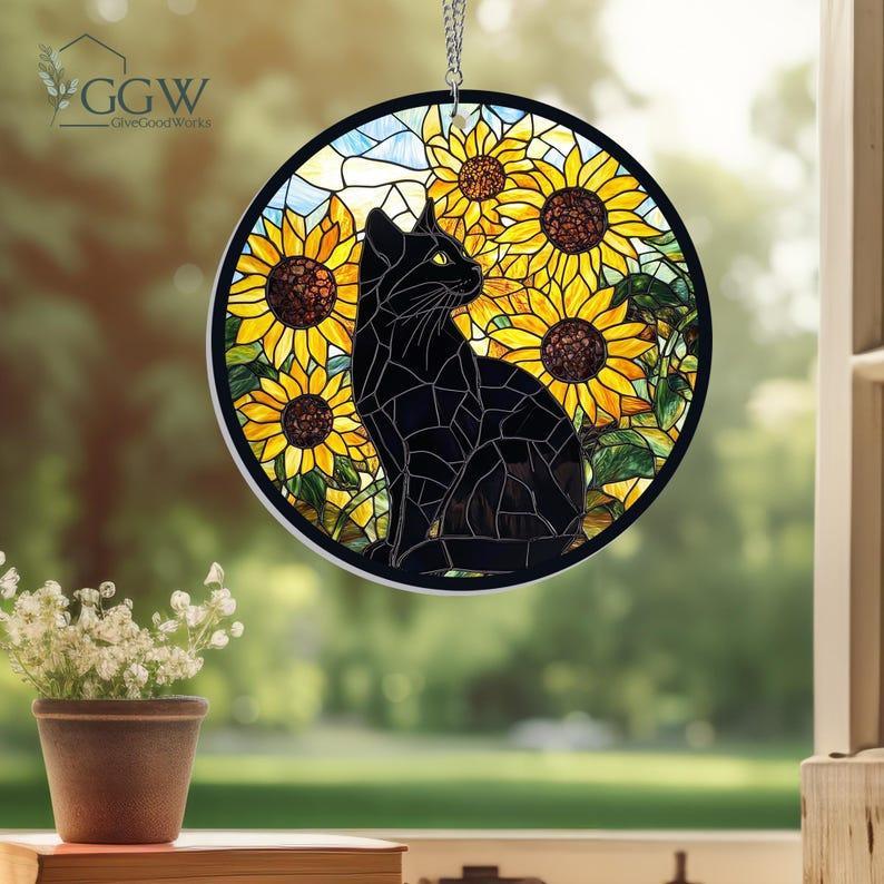 Sunflower Black Cat Suncatcher Hanging Sign, Cat Decor, Cat Lovers, Cat Memorial, Gift for Cat Lovers, Sunflower Gift for Mom, Memorial Gift