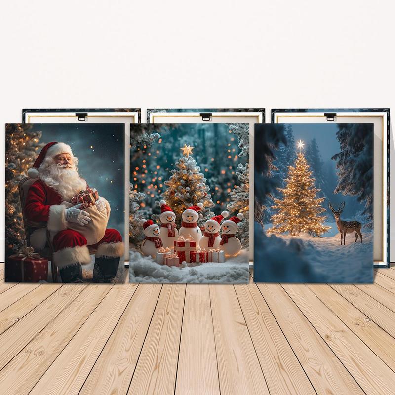 Christmas Wooden Framed Canvas Painting, 3 Counts set Winter Christmas Snow Scene Wall Art, Waterproof Wall Decor  for Home Living Room Bedroom Office