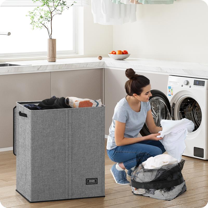 SOLEDI Double Laundry Hamper with Lid and Handle, Laundry Basket 2 Section with Removable bag, Collapsible Dirty Clothes Hampers for Laundry, Bedroom, Dorm, College Organiser