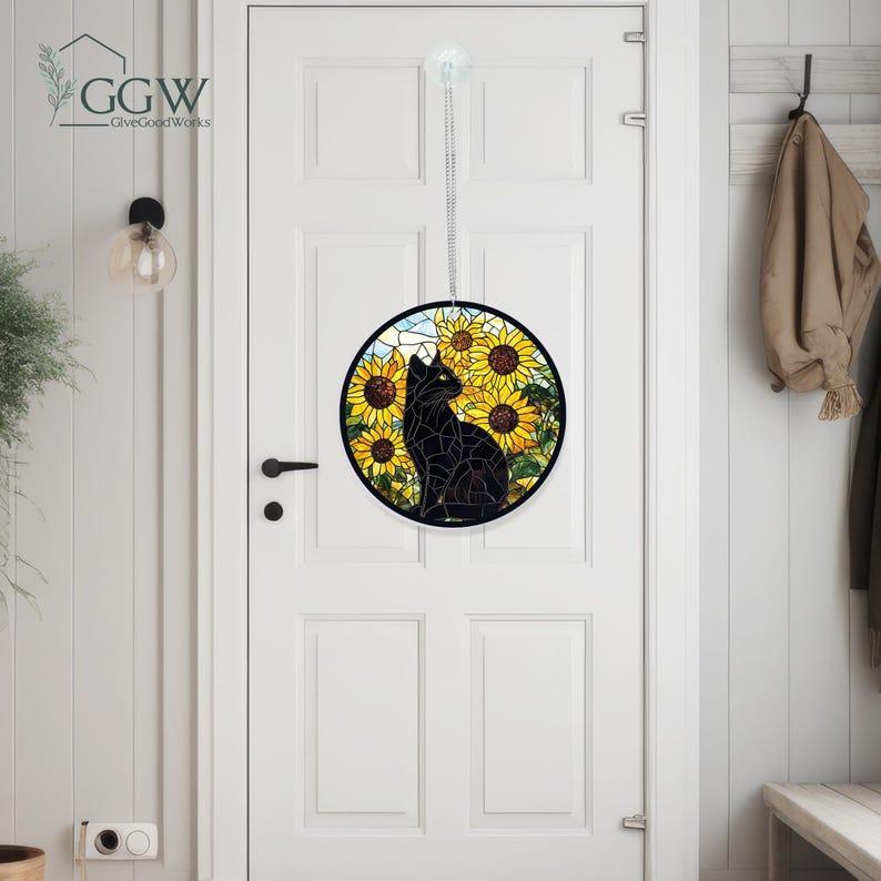 Sunflower Black Cat Suncatcher Hanging Sign, Cat Decor, Cat Lovers, Cat Memorial, Gift for Cat Lovers, Sunflower Gift for Mom, Memorial Gift