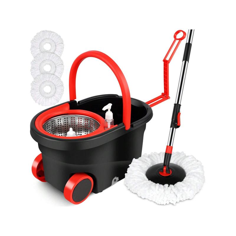 Plus Sized Mop Bucket Set, 3 Replacement Heads, Extended Handle, Convenient For Moving Mop Bucket With Wheels, Suitable For Living Room, Bedroom, Kitchen, Office (3 Mop Head + Bucket)