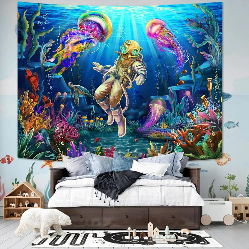 Under The Sea Tapestry, UV Reactive Colorful Coral Plant Jellyfish Diver Wall Astronaut Tapestry for Bedroom Decor 36×48 Inch