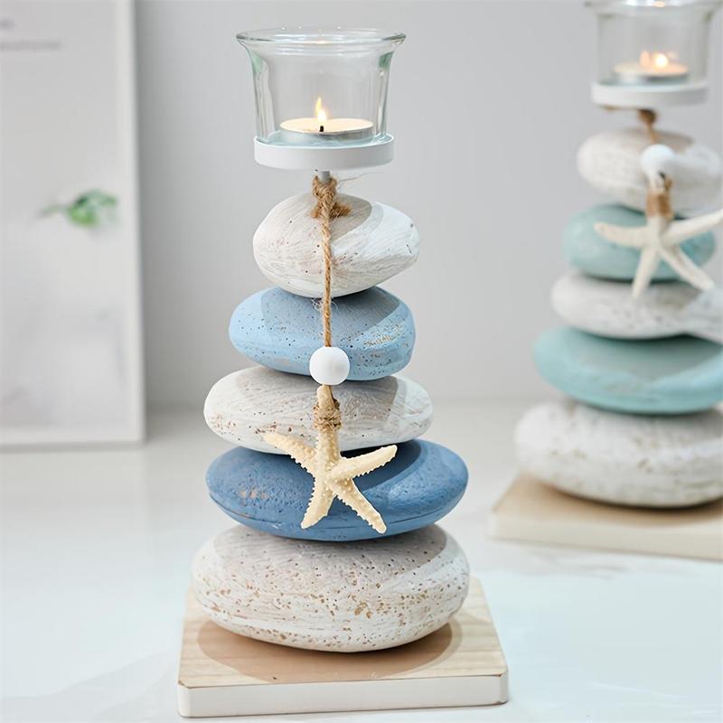 Random Color Stone & Starfish & Shell Design Candle Holder, 1 Count Mediterranean Style Decorative Candle, Desktop Decoration for Home Living Room Bedroom, without Candle