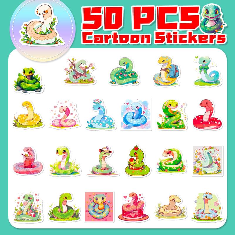 50pcs Cartoon Snake Series Sticker, Waterproof Sticker Pack for Wall Water Bottle Skateboard Helmet Car Bike Luggage Laptop