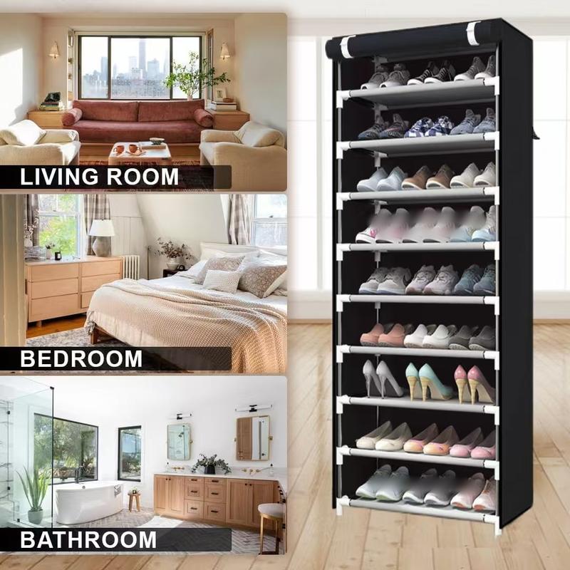 Black non-woven multi-layer steel tube shoe cabinet and shoe rack. Zipperless shoe cabinet for storage and dustproof. Multifunctional shoe rack for home. Increased capacity. Exquisite and beautiful. Large built-in space.