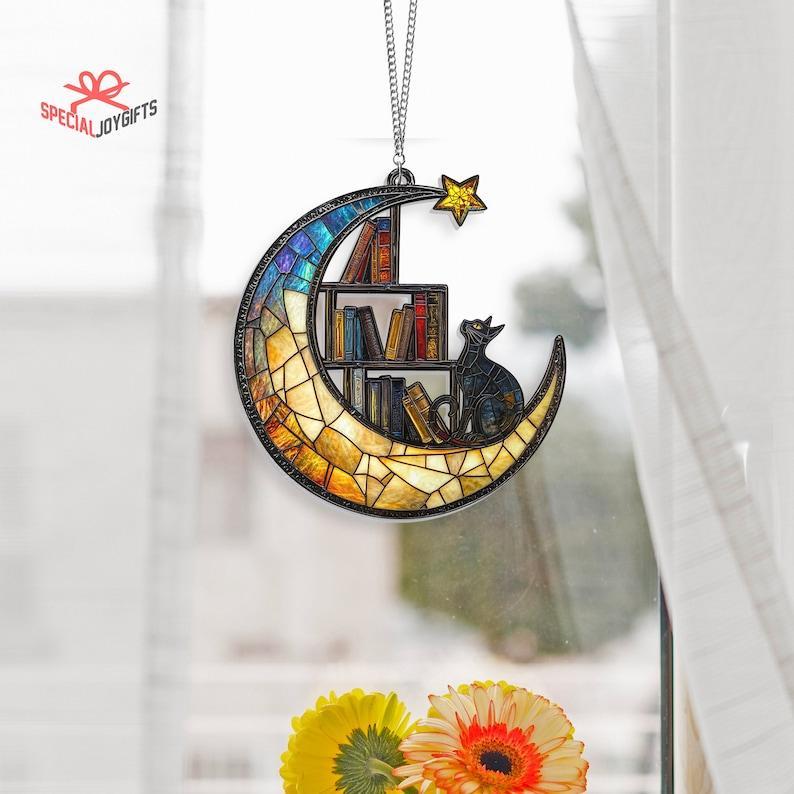 Cat Book On The Moon Suncatcher Window Hanging, Book Window Decor, Book Lover Gift, Book Ornament, Indoor Decor Ornament, Librarian Gift