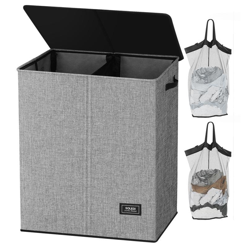 SOLEDI Double Laundry Hamper with Lid and Handle, Laundry Basket 2 Section with Removable bag, Collapsible Dirty Clothes Hampers for Laundry, Bedroom, Dorm, College Organiser