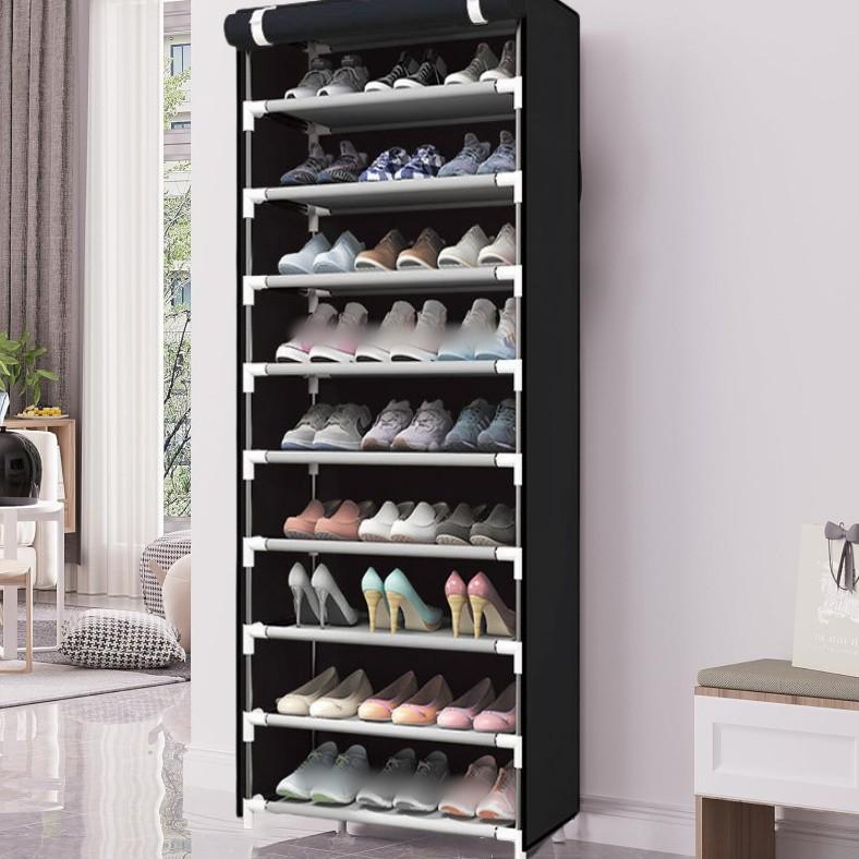 Black non-woven multi-layer steel tube shoe cabinet and shoe rack. Zipperless shoe cabinet for storage and dustproof. Multifunctional shoe rack for home. Increased capacity. Exquisite and beautiful. Large built-in space.