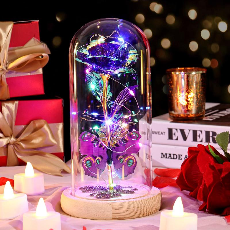 DEEMEI Room Decor Artificial Rose Flower With Glass Cover Dome,Led & Butterfly For Home Party Christmas Valentine's Day Creative Birthday Present Gift